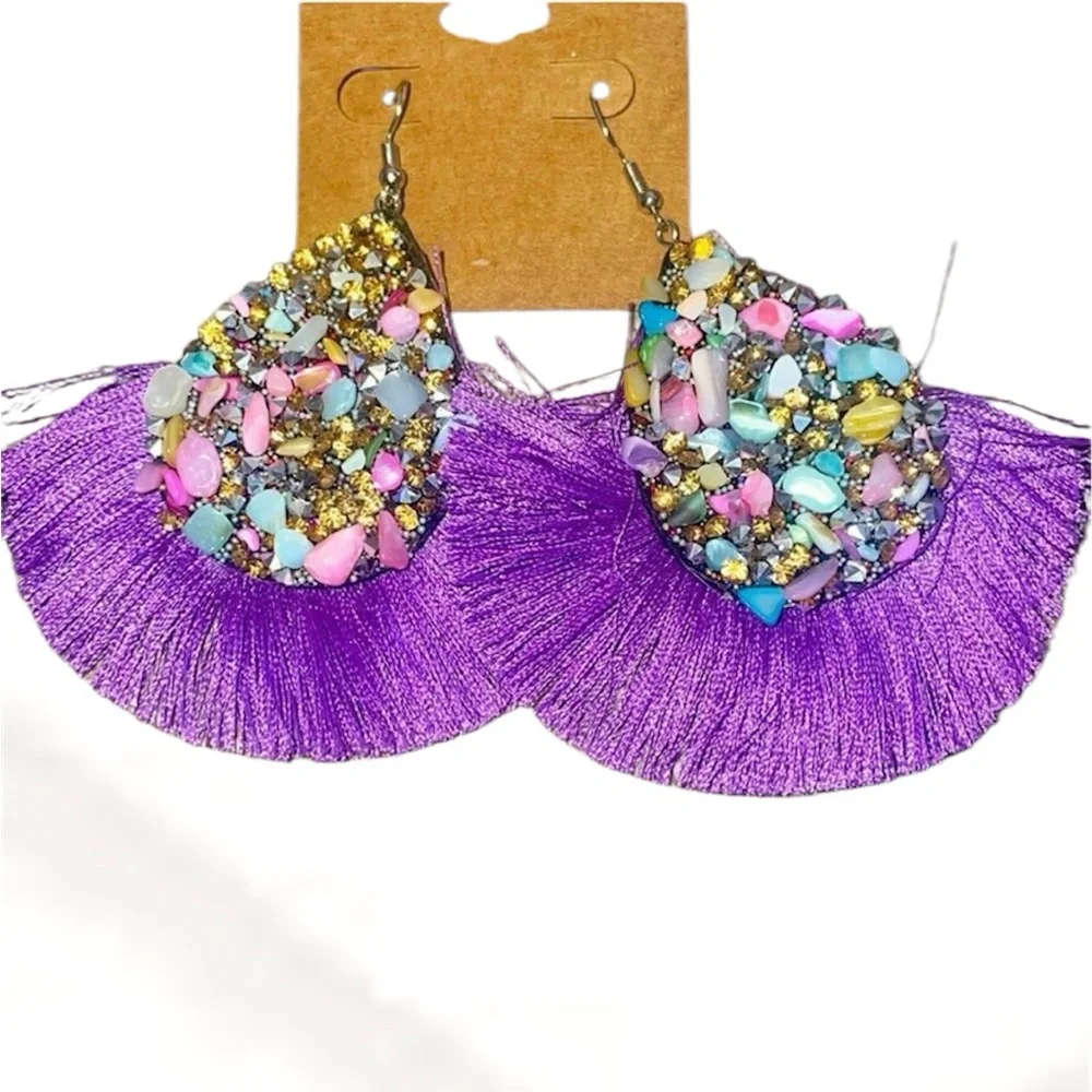 NWT Anthropologie Tassel Earrings Purple Fringe Multicolor Stone Crystals NEW